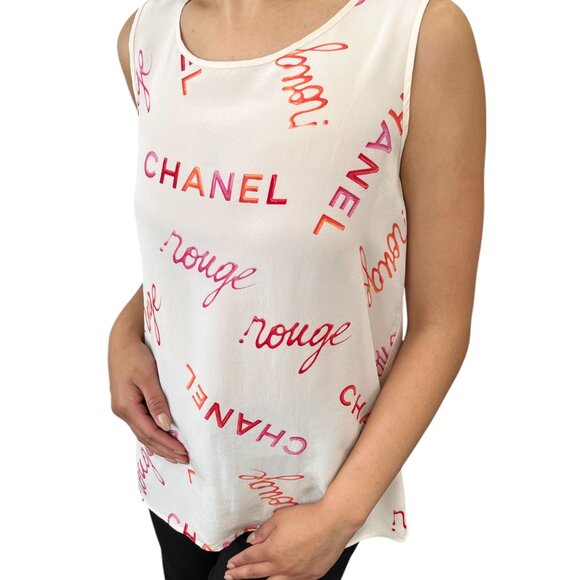 CHANEL Vintage CC Mark Logo Rouge Tank Top Cream Pink Orange Silk [105089] - Picture 2 of 11